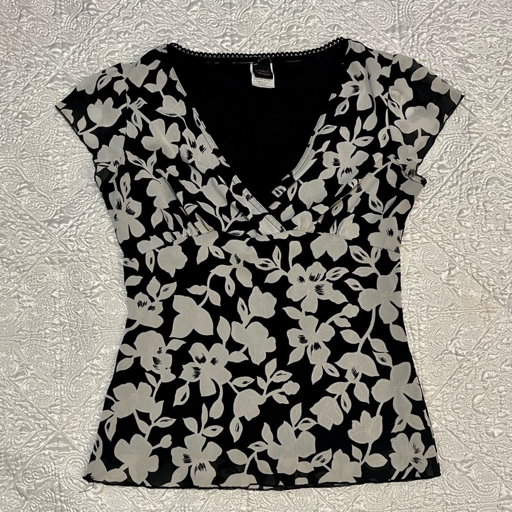 Vintage Y2K V-Neck Crossover Empire Waist Fitted Cap Sleeve Top Size Large